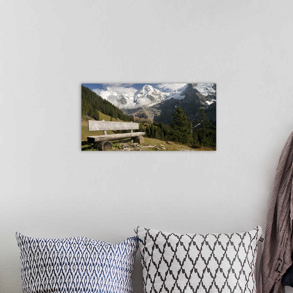 A bohemian room featuring Bench with Mt Eiger and Mt Monch in the Background, Kleine Scheidegg, Bern, Switzerland