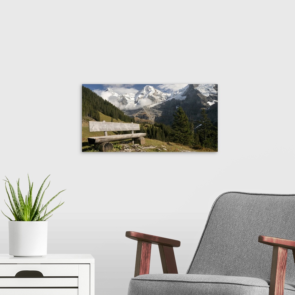 A modern room featuring Bench with Mt Eiger and Mt Monch in the Background, Kleine Scheidegg, Bern, Switzerland
