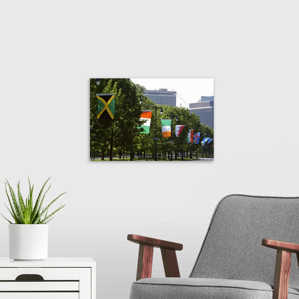 A modern room featuring National flags of various countries at Benjamin Franklin Parkway, Philadelphia, Pennsylvania, USA