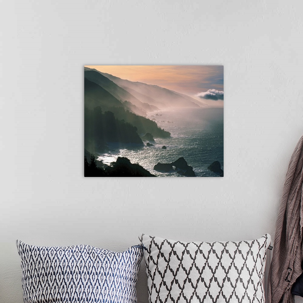 A bohemian room featuring Photograph of the Santa Lucia Mountains rising through fog and mist from the Pacific Ocean.  The ...
