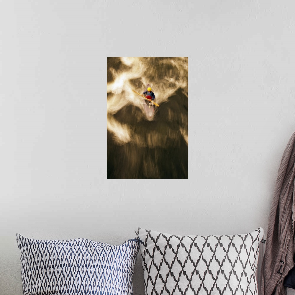 A bohemian room featuring Portrait, overhead photograph on a big canvas of a lone kayaker on the Androscoggin River in New ...