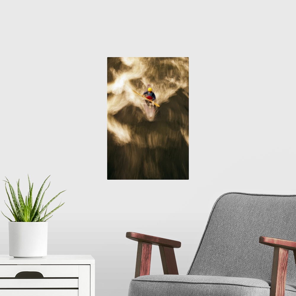 A modern room featuring Portrait, overhead photograph on a big canvas of a lone kayaker on the Androscoggin River in New ...