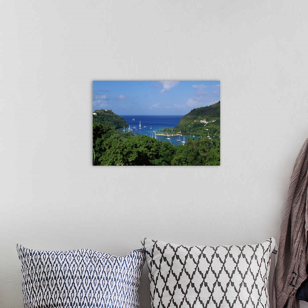 A bohemian room featuring Birds-eye view of sailboats on Marigot Bay, Saint Lucia, West Indies.