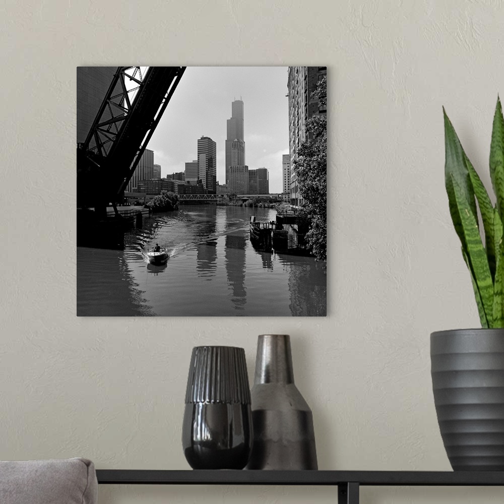 A modern room featuring Boat in a river, Chicago River, Chicago, Cook County, Illinois, USA