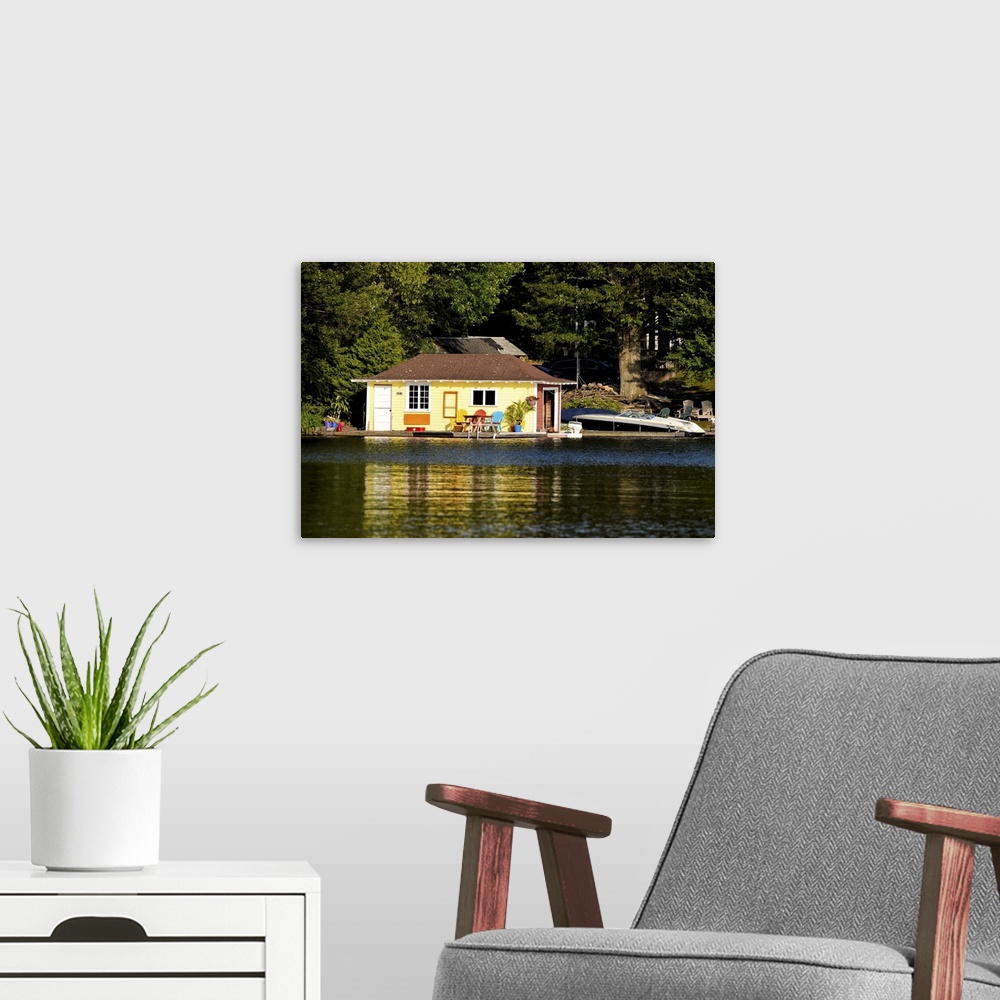 A modern room featuring Boathouse at the lakeside, Lake Muskoka, Ontario, Canada