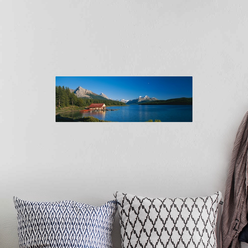 A bohemian room featuring Boathouse on a lake, Maligne Lake, Jasper National Park, Alberta, Canada