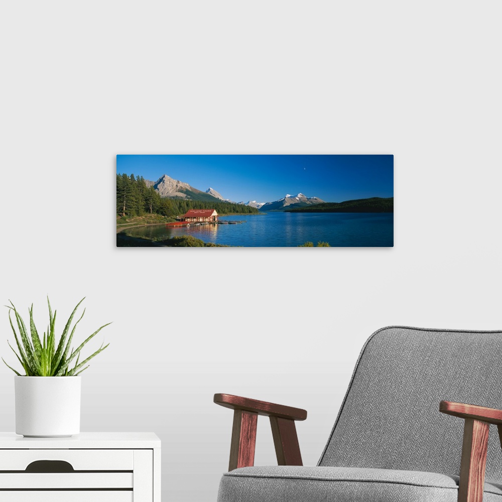 A modern room featuring Boathouse on a lake, Maligne Lake, Jasper National Park, Alberta, Canada