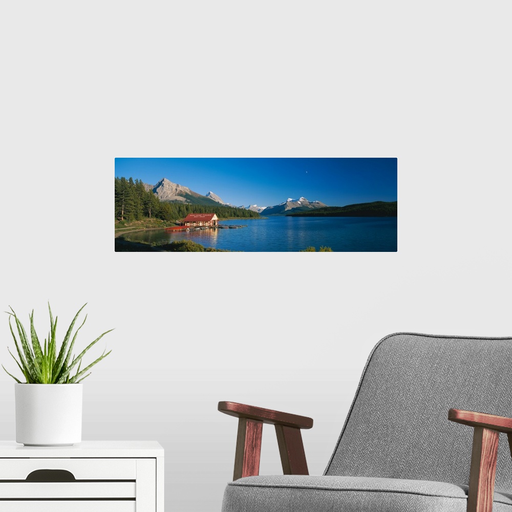 A modern room featuring Boathouse on a lake, Maligne Lake, Jasper National Park, Alberta, Canada