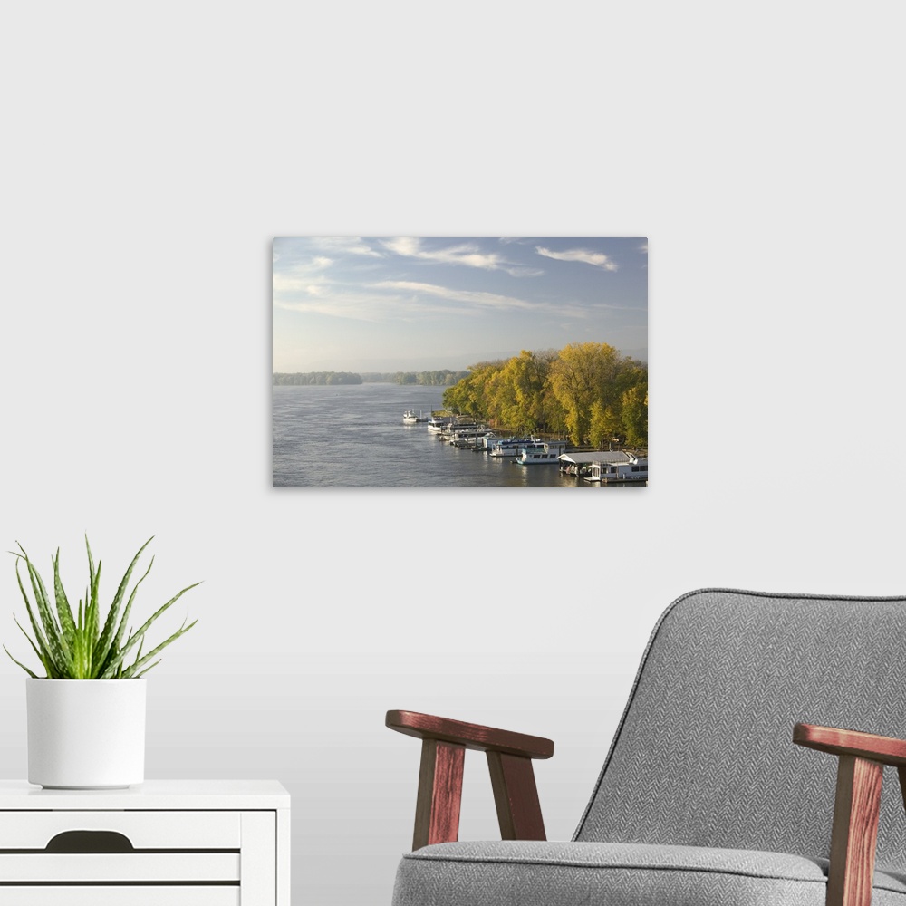 A modern room featuring Boats anchored at a port, Mississippi River Valley, La Crosse, Wisconsin