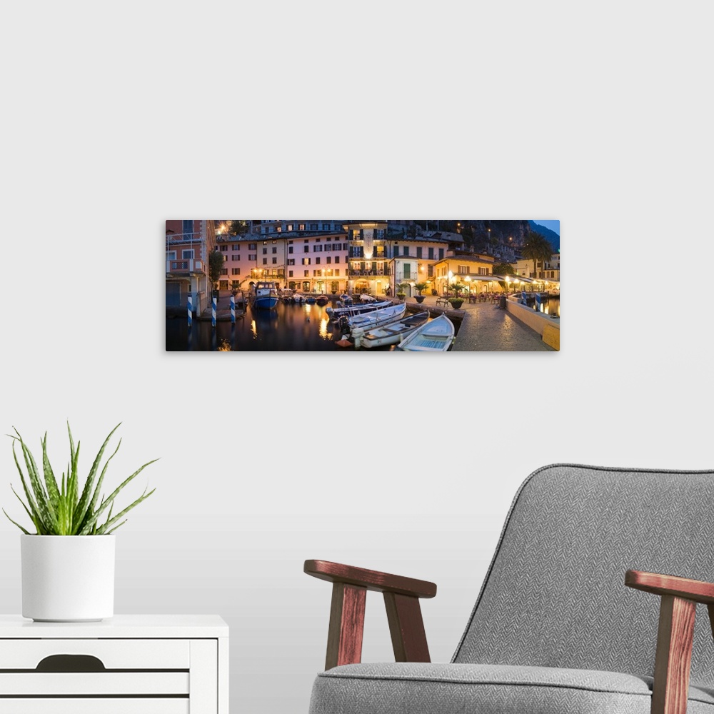 A modern room featuring Boats at a harbor, Limone Harbor, Lake Garda, Lombardy, Italy