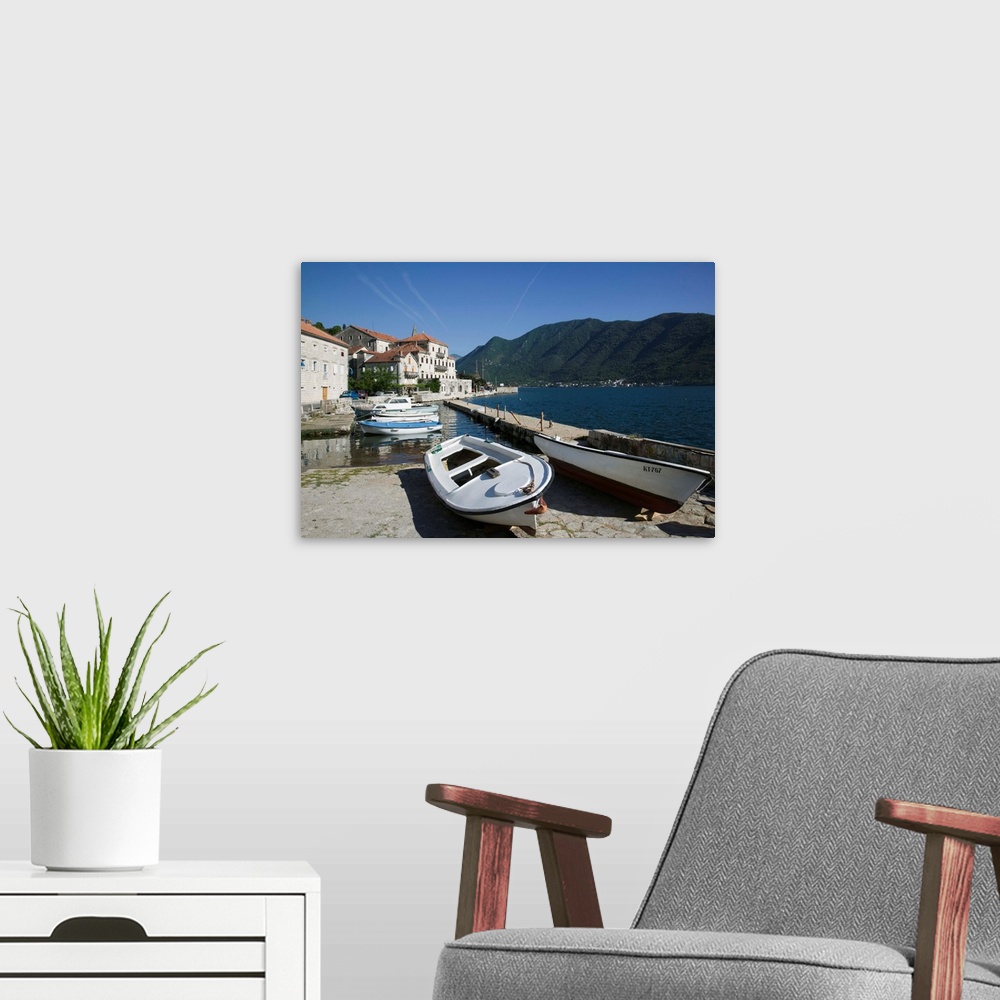 A modern room featuring Boats at a harbor, Perast, Bay of Kotor, Kotor, Montenegro