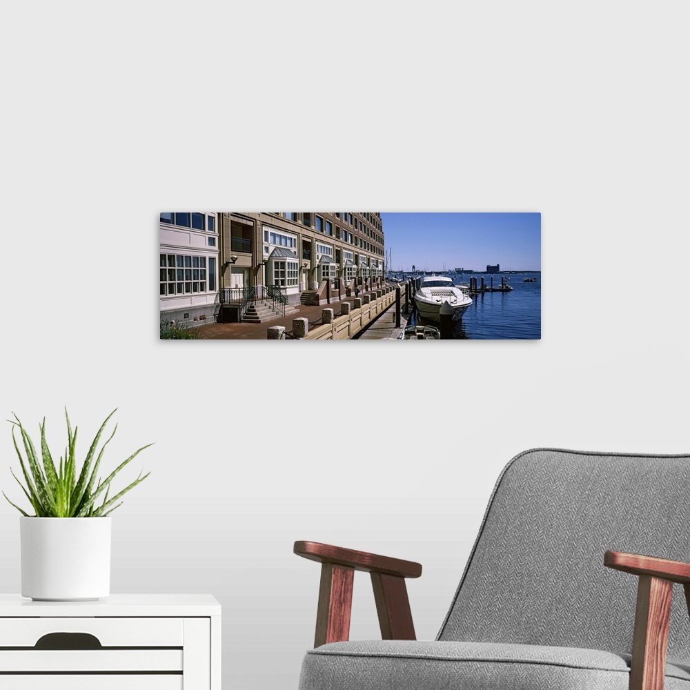 A modern room featuring Boats at a harbor, Rowe's Wharf, Boston Harbor, Boston, Suffolk County, Massachusetts