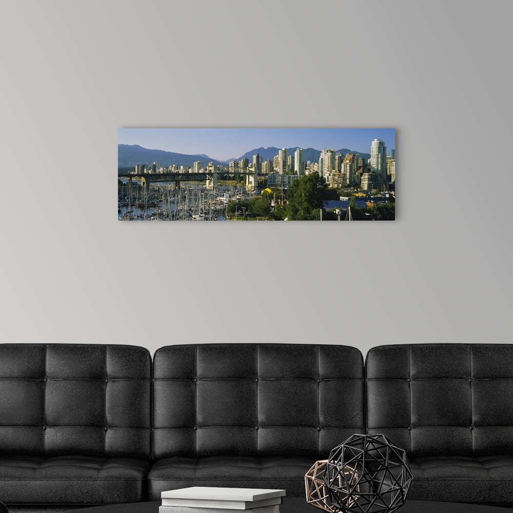A modern room featuring Boats docked at a harbor, False Creek, Granville Island, Vancouver, British Columbia, Canada