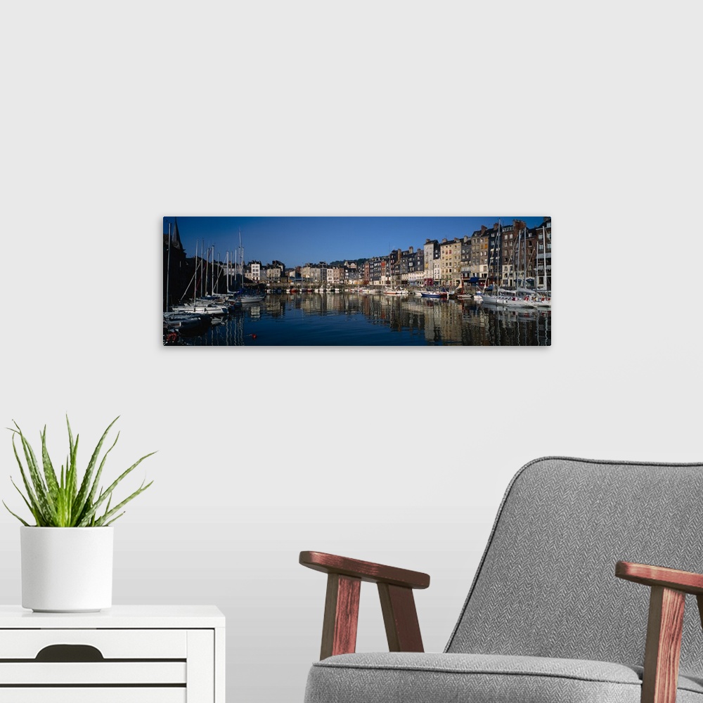 A modern room featuring Boats docked at a harbor, Honfleur, Normandy, France