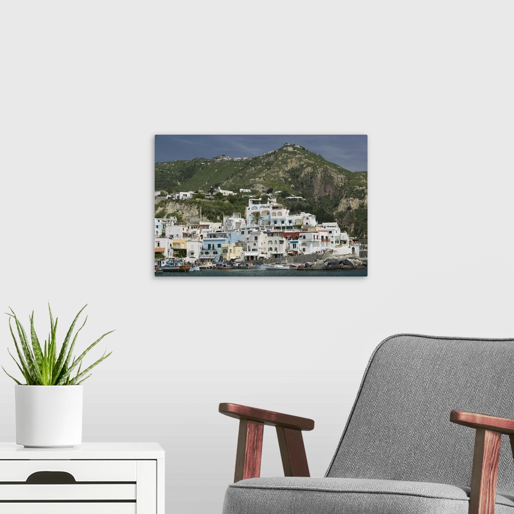 A modern room featuring Boats docked at a port, Sant Angelo Beach, Ischia, Naples, Campania, Italy