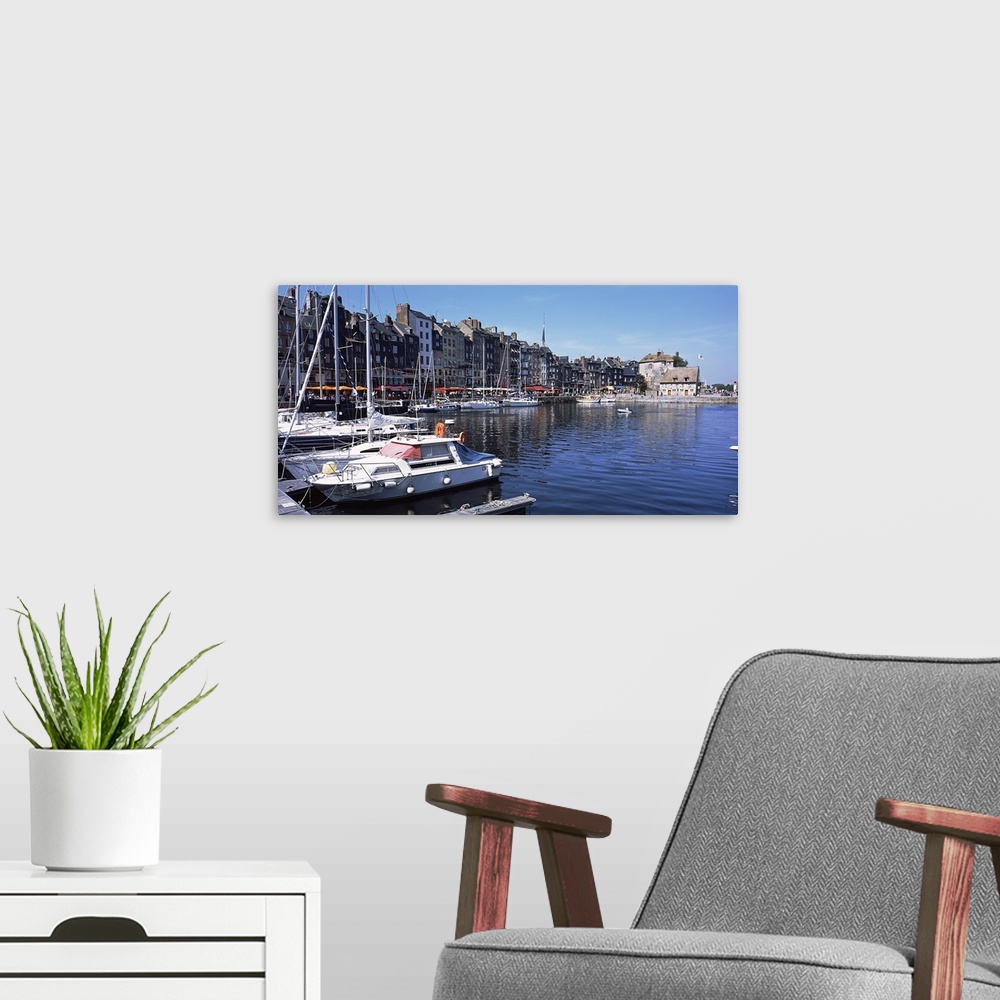 A modern room featuring Boats docked at a harbor, Honfleur, Calvados, Normandy, France