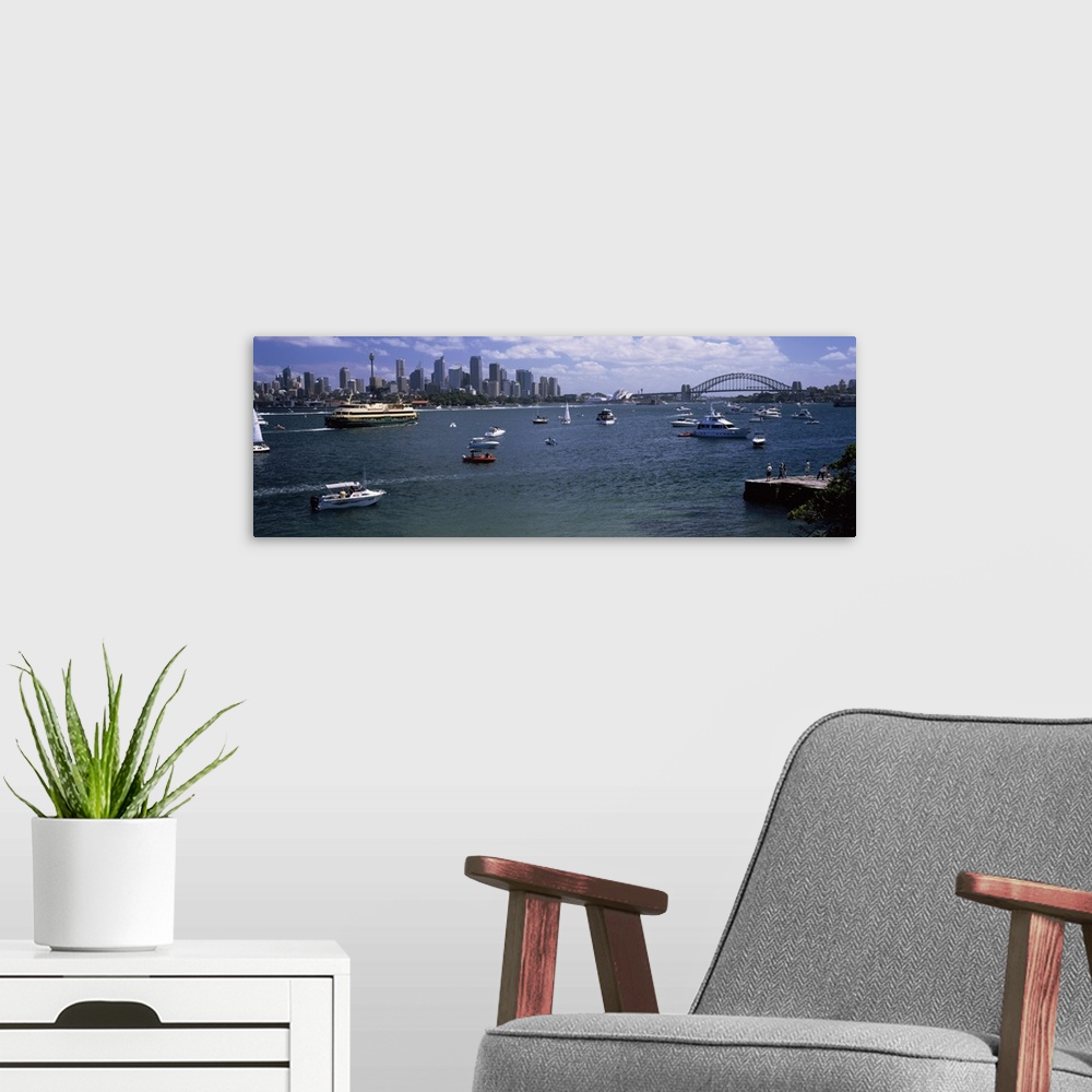 A modern room featuring Boats in the sea with a bridge in the background, Sydney Harbor Bridge, Sydney Harbor, Sydney, Ne...