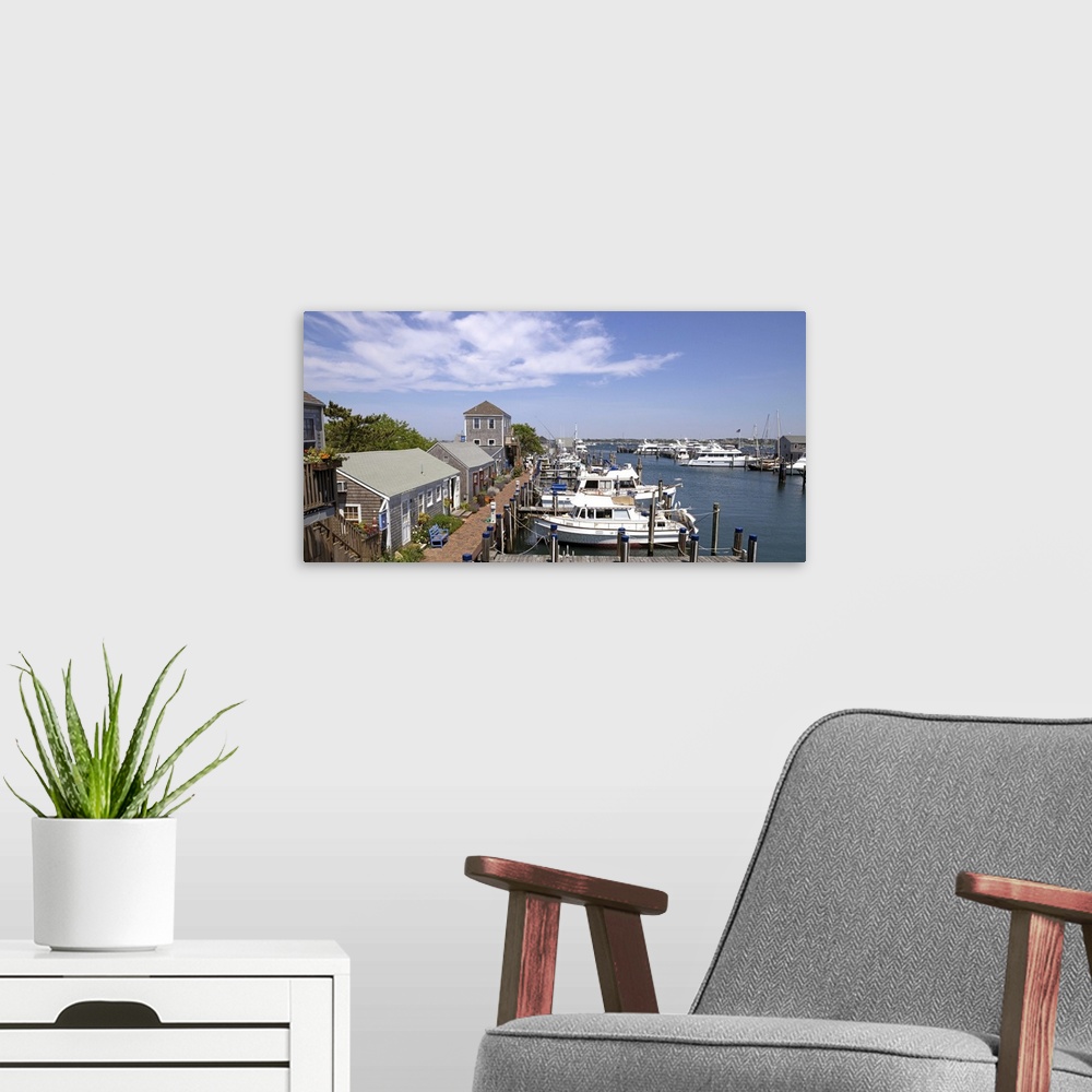 A modern room featuring Boats moored at a harbor, Old South Wharf, Nantucket Anglers Club, Nantucket Harbor, Nantucket, M...