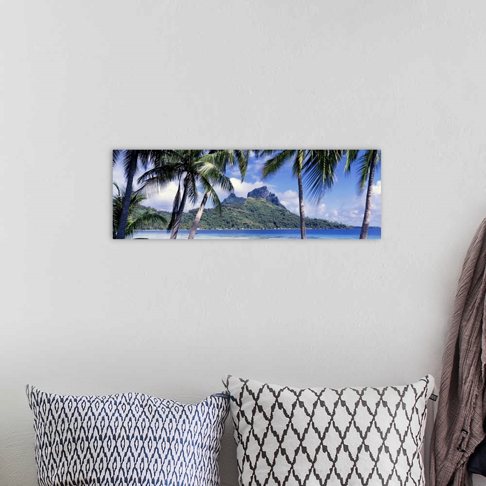 A bohemian room featuring Oversized, landscape photograph of palm trees swaying over the island of Bora Bora, in the distan...