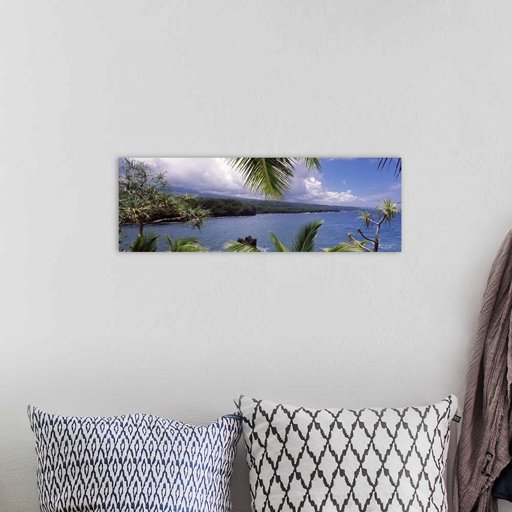 A bohemian room featuring Panoramic photograph of the ocean under a cloudy sky seen from behind the leaves of a lush tropic...