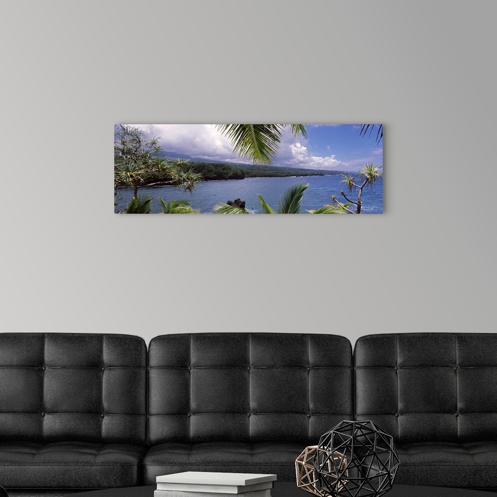 A modern room featuring Panoramic photograph of the ocean under a cloudy sky seen from behind the leaves of a lush tropic...