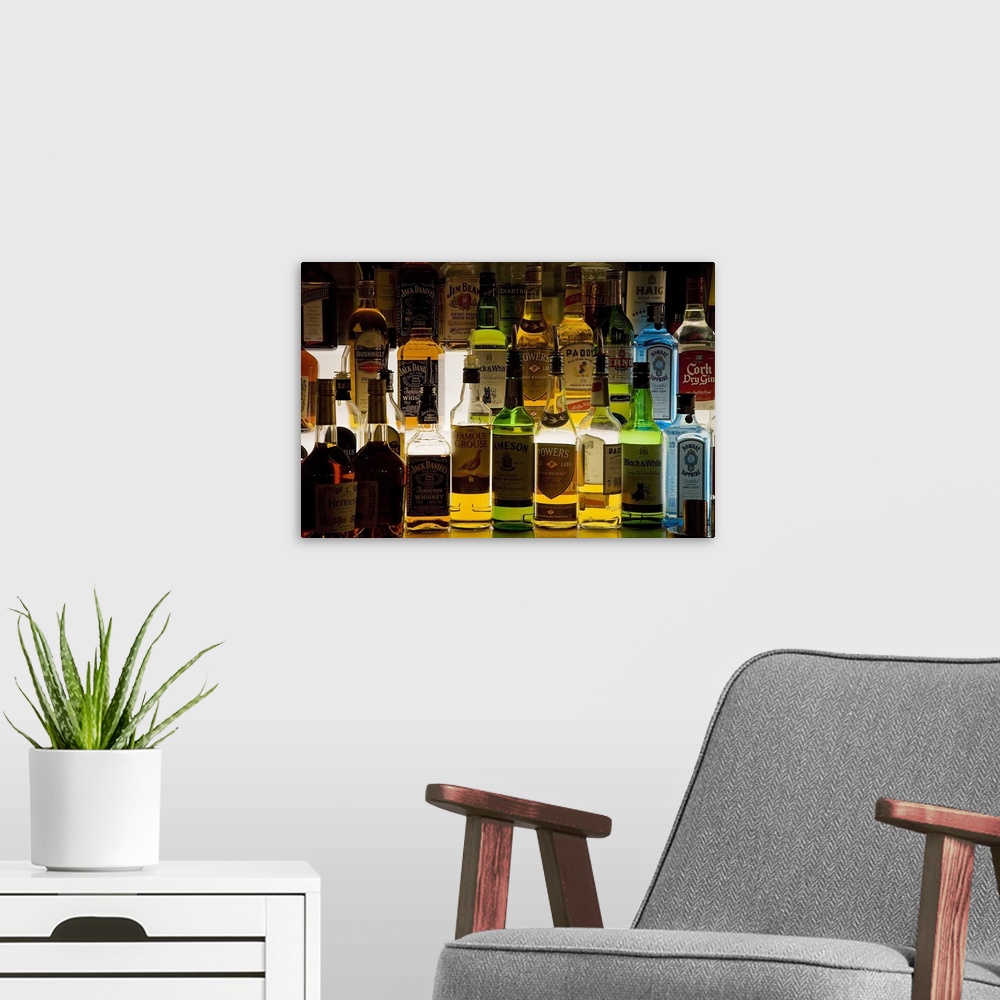 A modern room featuring Photograph of glass bottles full of different kinds of alcohol such as Jack Daniels, Powers, Famo...