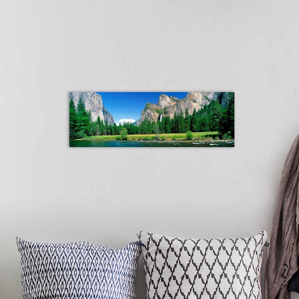 A bohemian room featuring Wall art for the home or office a panoramic landscape photograph of a river and meadow in the Yos...