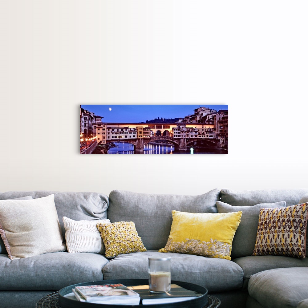 A farmhouse room featuring Panoramic photograph focuses on an overpass as it spans a wide river and the moon shines bright o...