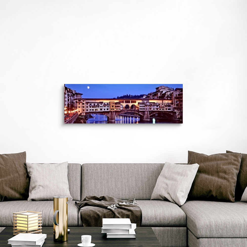 A traditional room featuring Panoramic photograph focuses on an overpass as it spans a wide river and the moon shines bright o...