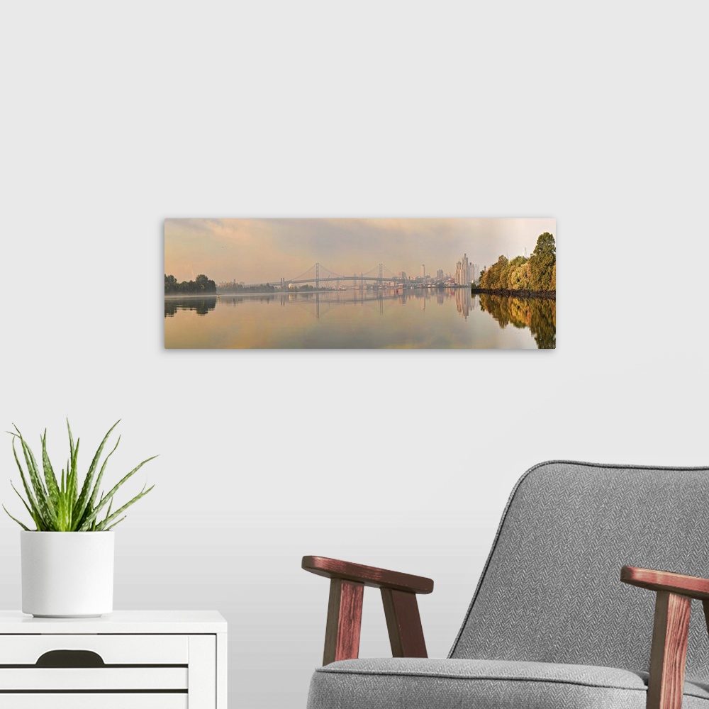 A modern room featuring Bridge across a river, Benjamin Franklin Bridge, Delaware River, Philadelphia, PA