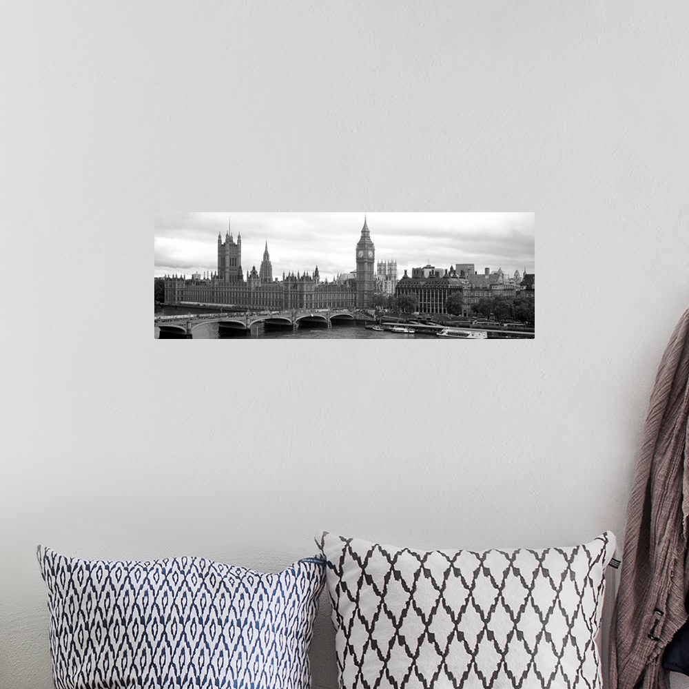 A bohemian room featuring Panoramic photograph taken in Westminster focuses on Big Ben, the Houses of Parliament and the We...