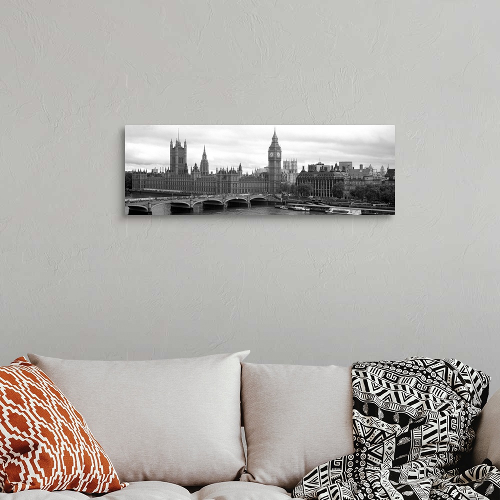 A bohemian room featuring Panoramic photograph taken in Westminster focuses on Big Ben, the Houses of Parliament and the We...