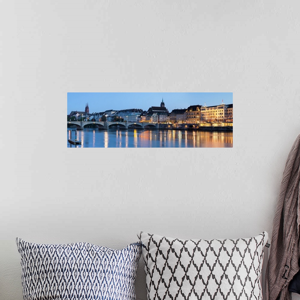 A bohemian room featuring Bridge across a river with a cathedral in the background, Mittlere Rheinbrucke