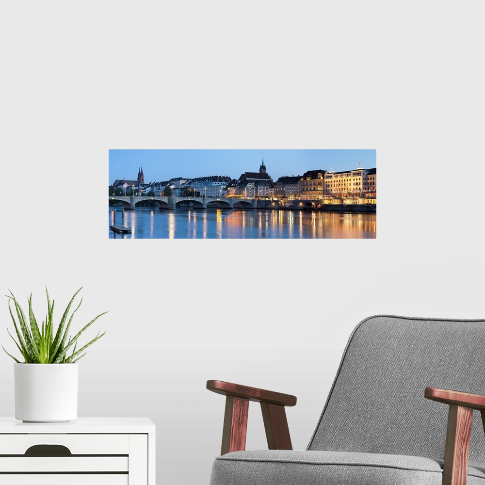 A modern room featuring Bridge across a river with a cathedral in the background, Mittlere Rheinbrucke