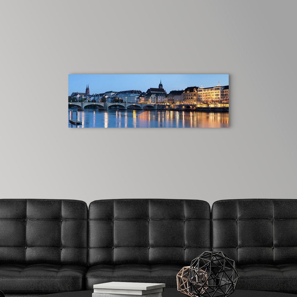 A modern room featuring Bridge across a river with a cathedral in the background, Mittlere Rheinbrucke