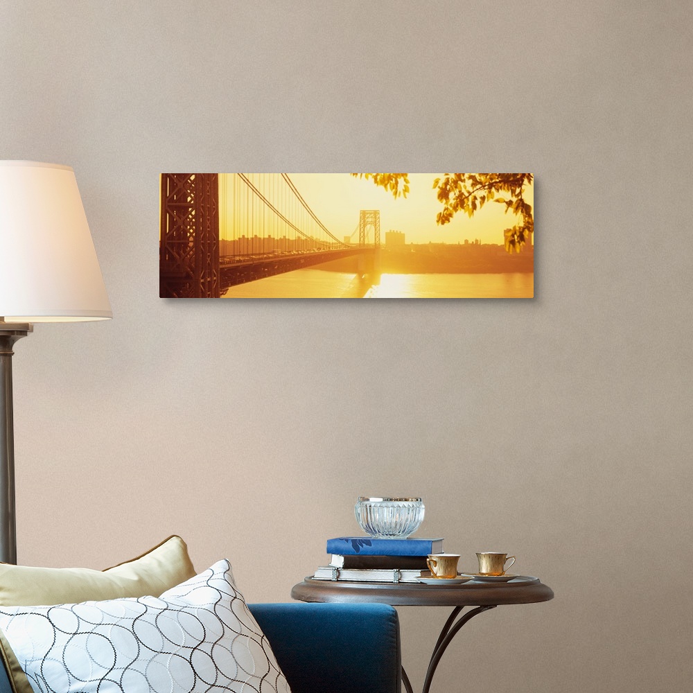 A traditional room featuring Panorama photograph taken of the George Washington bridge during sun down which gives the picture...