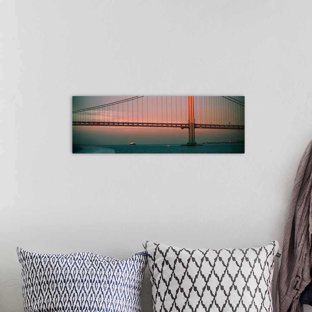 A bohemian room featuring Bridge across the river, Verrazano Narrows Bridge, New York Harbor, New York City, New York State,