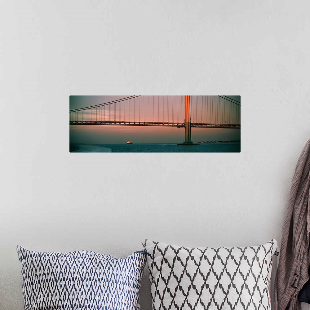 A bohemian room featuring Bridge across the river, Verrazano Narrows Bridge, New York Harbor, New York City, New York State,