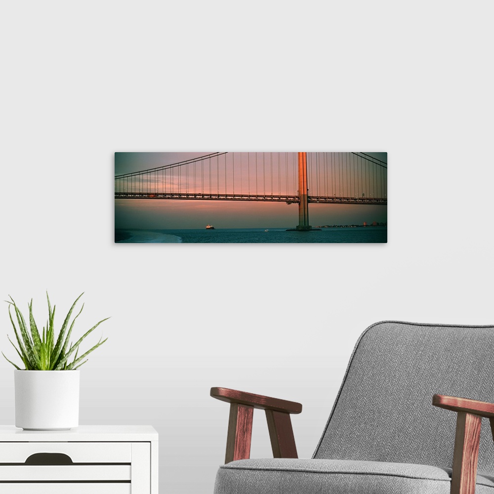 A modern room featuring Bridge across the river, Verrazano Narrows Bridge, New York Harbor, New York City, New York State,
