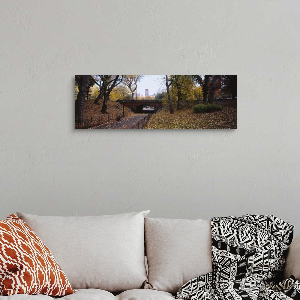 A bohemian room featuring Panoramic photograph of overpass with tunnel walkway below lined by trees with city skyline in th...