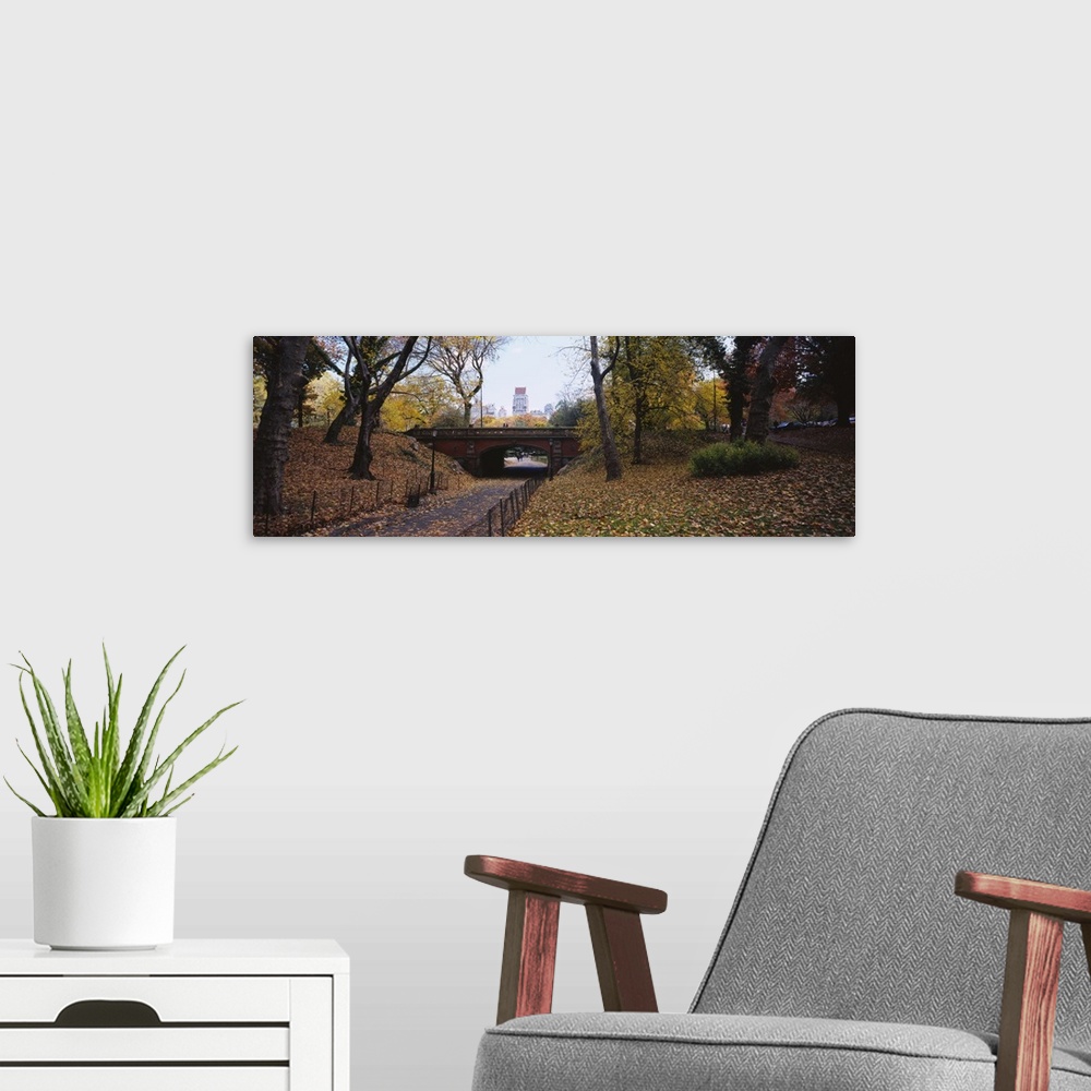 A modern room featuring Panoramic photograph of overpass with tunnel walkway below lined by trees with city skyline in th...