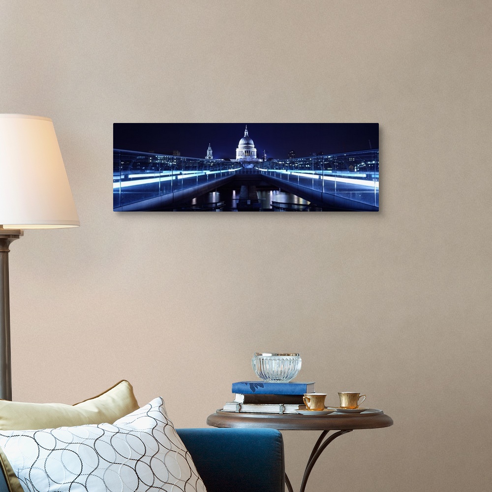 A traditional room featuring Bridge lit up at night, Millennium Bridge, Thames River, St Paul's Cathedral, London, England