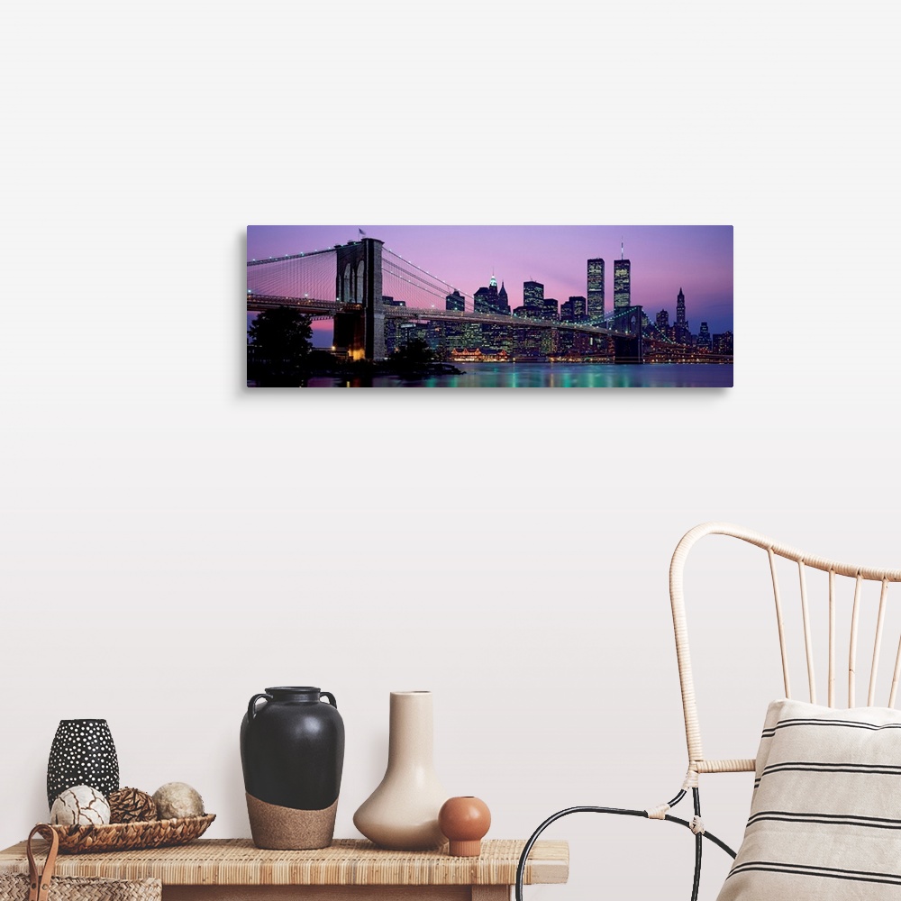 A farmhouse room featuring Panoramic photograph shows the Brooklyn Bridge in New York, New York spanning over the East River...