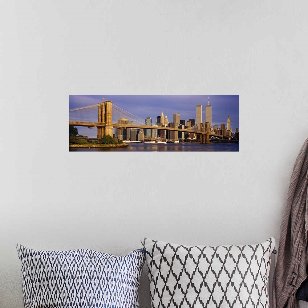 A bohemian room featuring Panoramic, giant photograph of the Brooklyn Bridge in the sunlight, the New York City skyline in ...
