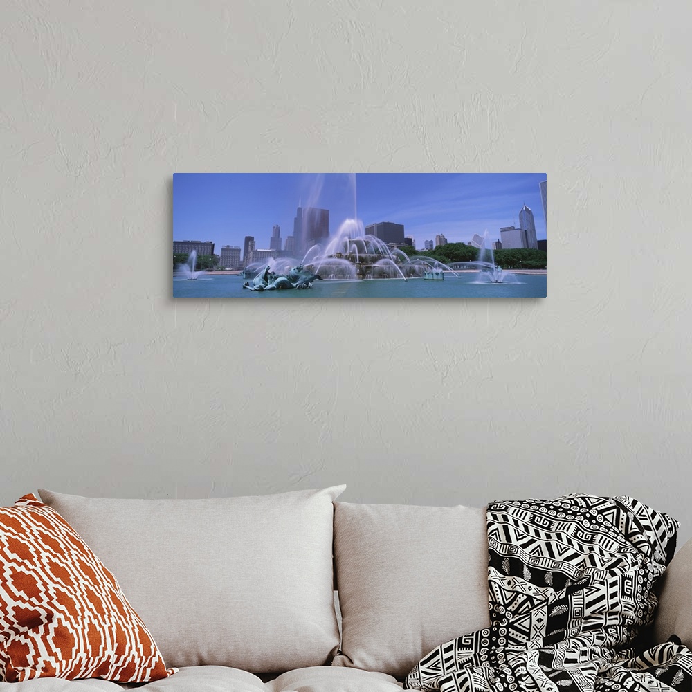 A bohemian room featuring Landscape, close up photograph of Buckingham Fountain during the day, the skyscrapers of Chicago ...
