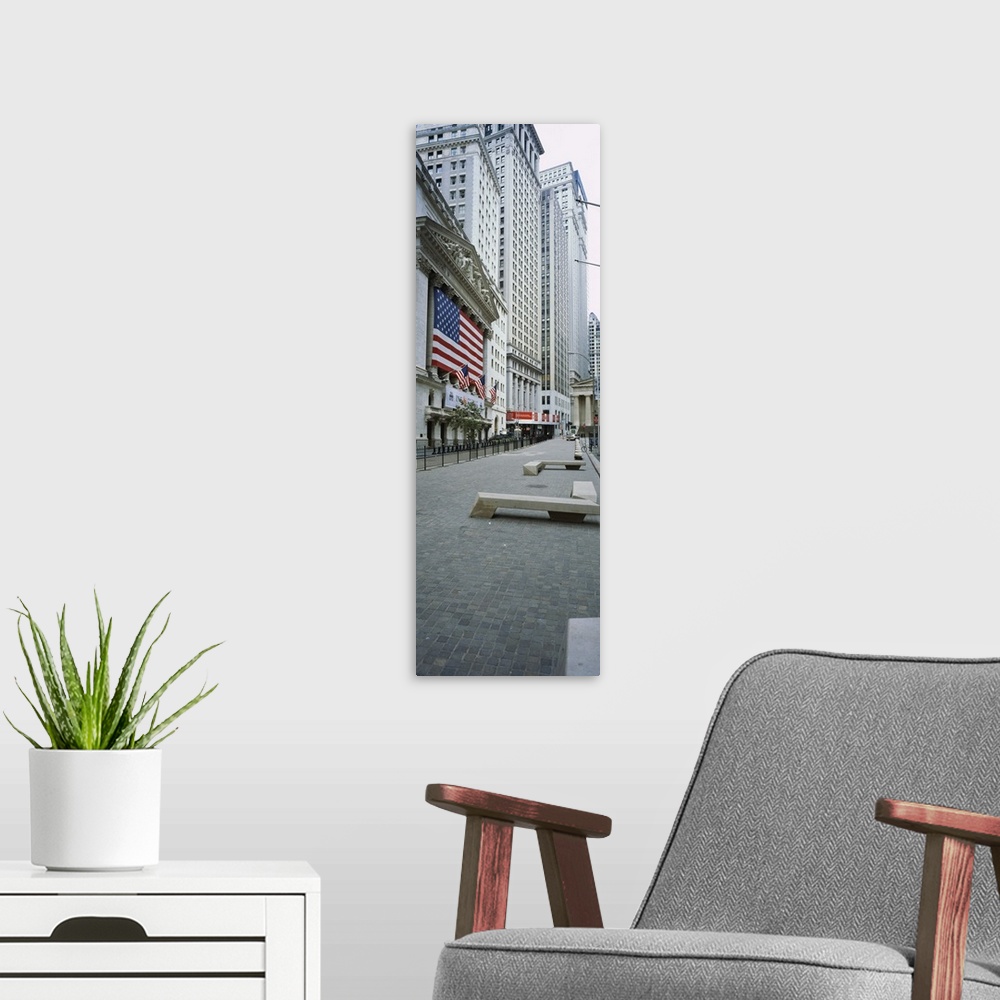 A modern room featuring Building along a road, New York Stock Exchange, Wall Street, Manhattan, New York City, New York S...