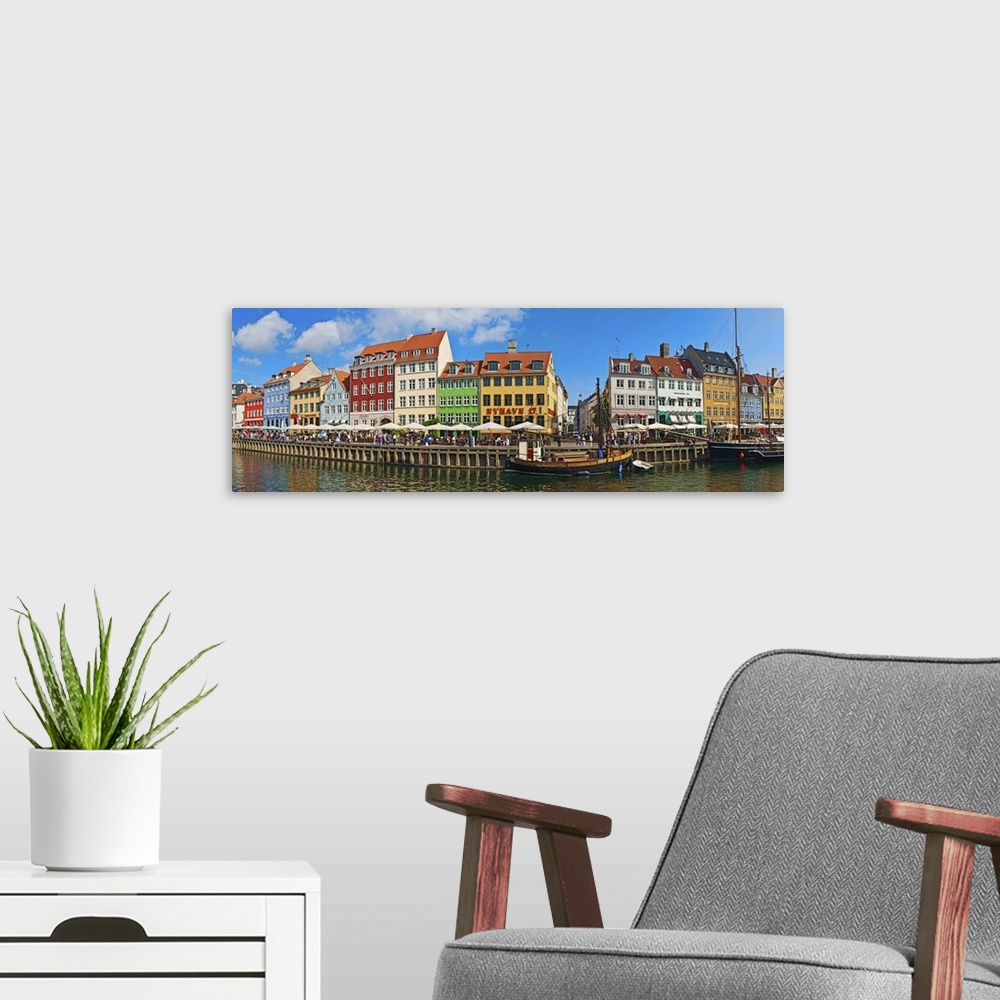 A modern room featuring Buildings along a canal with boats, Nyhavn, Copenhagen, Denmark