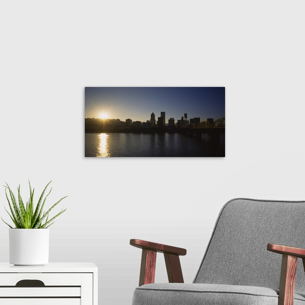 A modern room featuring Buildings along the waterfront at sunset, Willamette River, Portland, Oregon