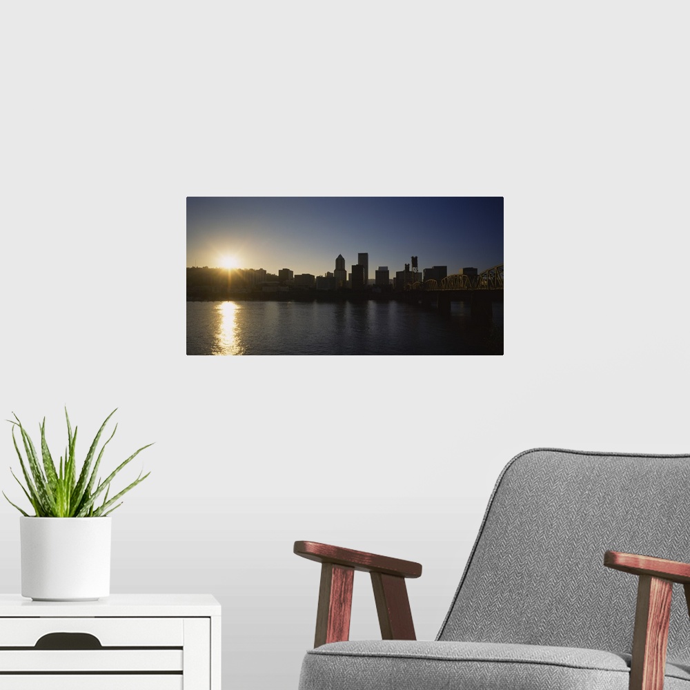 A modern room featuring Buildings along the waterfront at sunset, Willamette River, Portland, Oregon