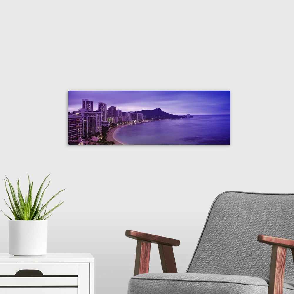 A modern room featuring Buildings at the coastline with a volcanic mountain in the background, Diamond Head, Waikiki, Oah...